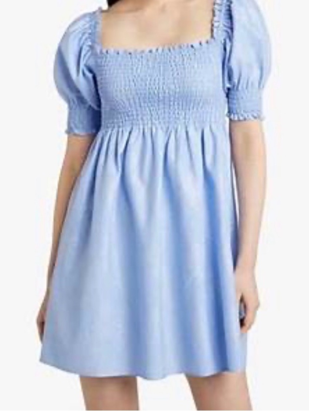 Athena Dress. Smocked Square-Neck Mini Dress in powder Blue